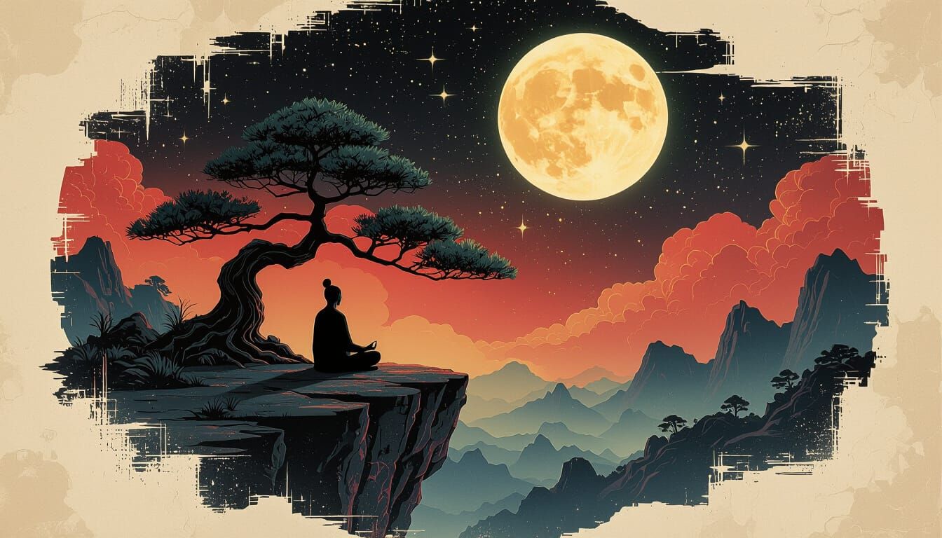 Meditative Figure Beneath Neon Starry Sky