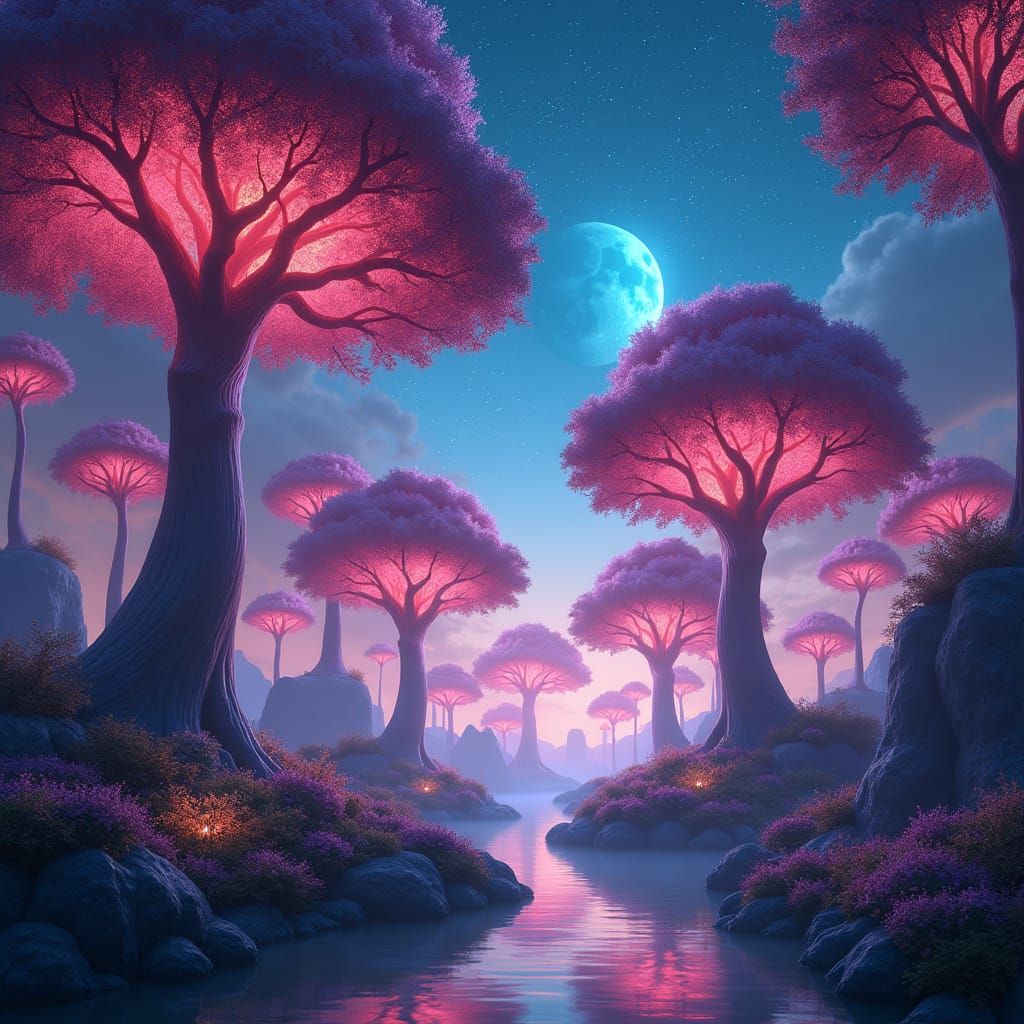 Surreal Fantasy Realm with Glowing Trees