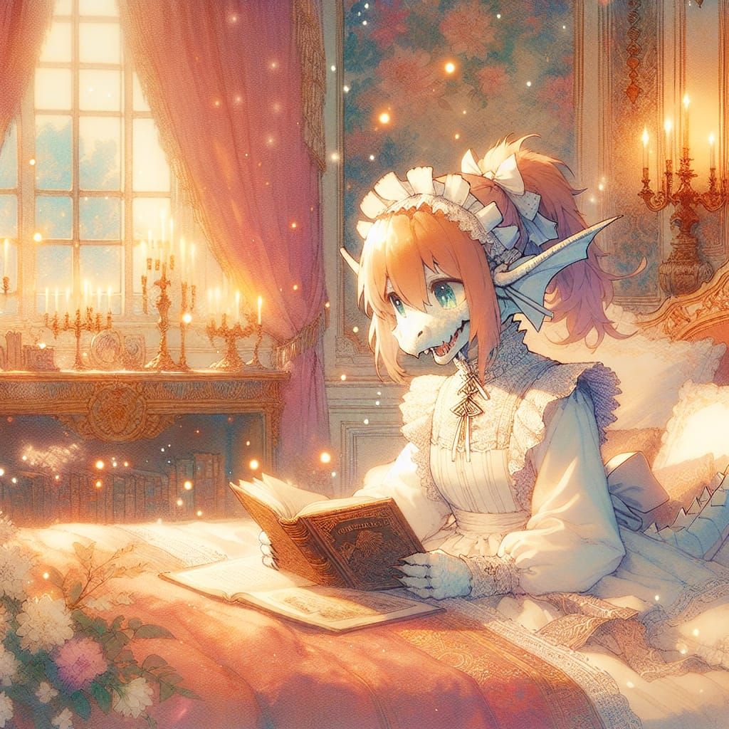 Elegantly Drawn Anime Castle Scene with Noble Dragon and Boy