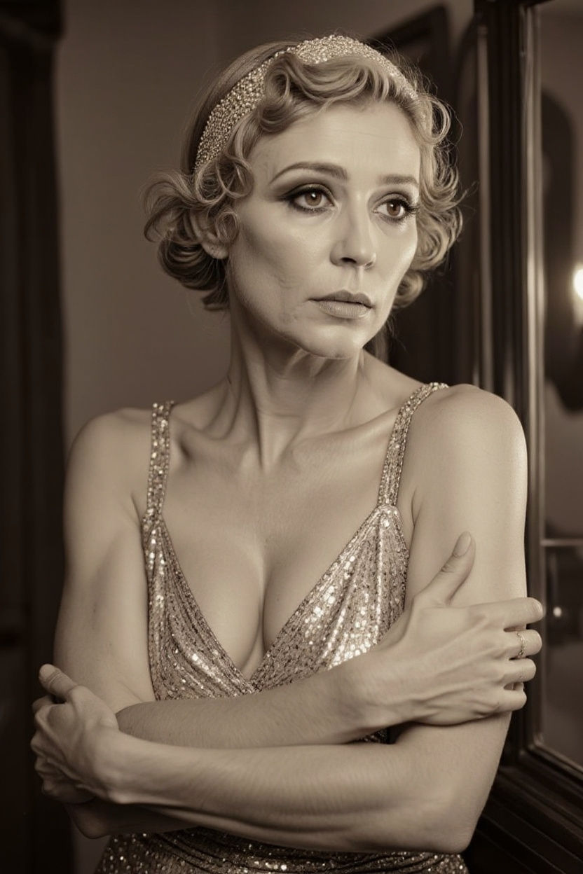 Sepia Showgirl Portrait Reflects on Aging