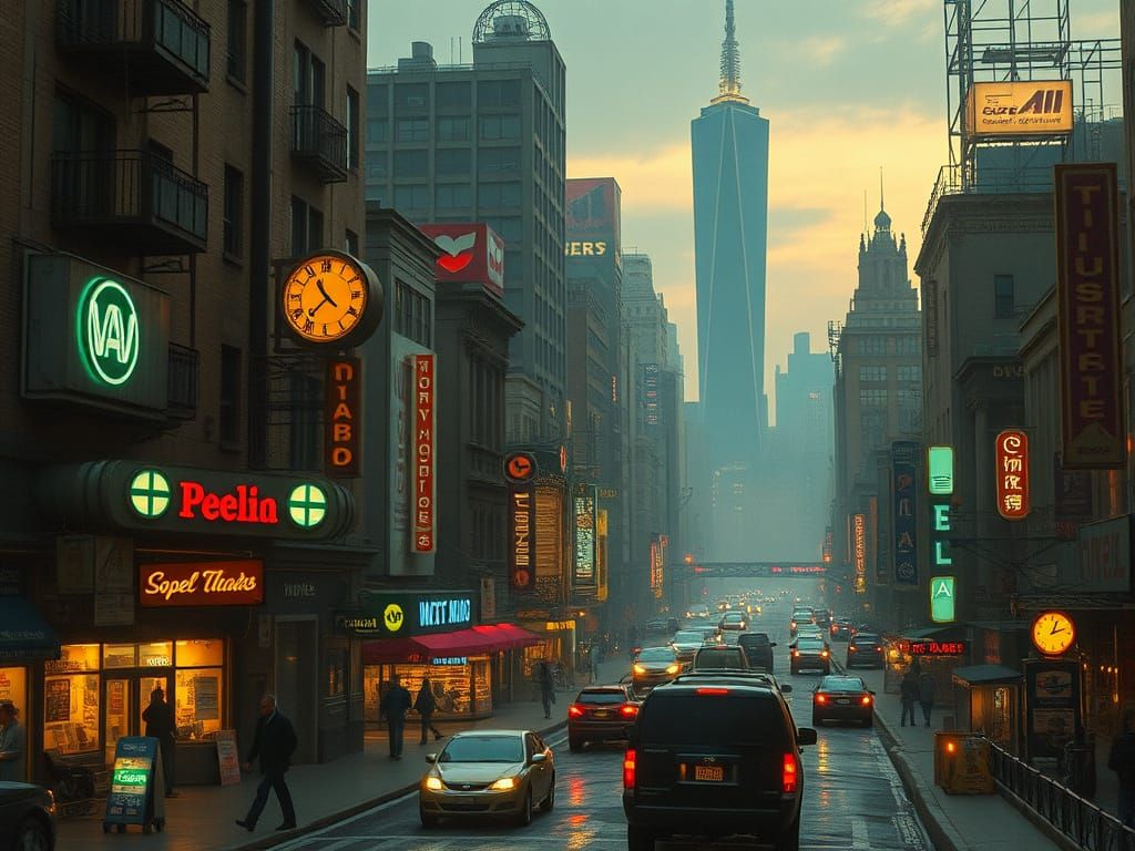 vintage city, retrofuturistic technology dieselpunk