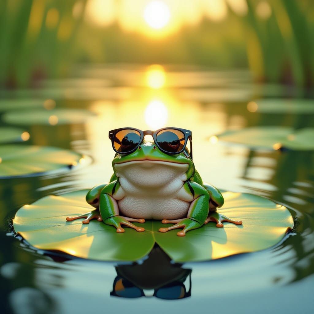 Content Frog in Sunglasses Relaxing on Lilypad at Golden Hou...