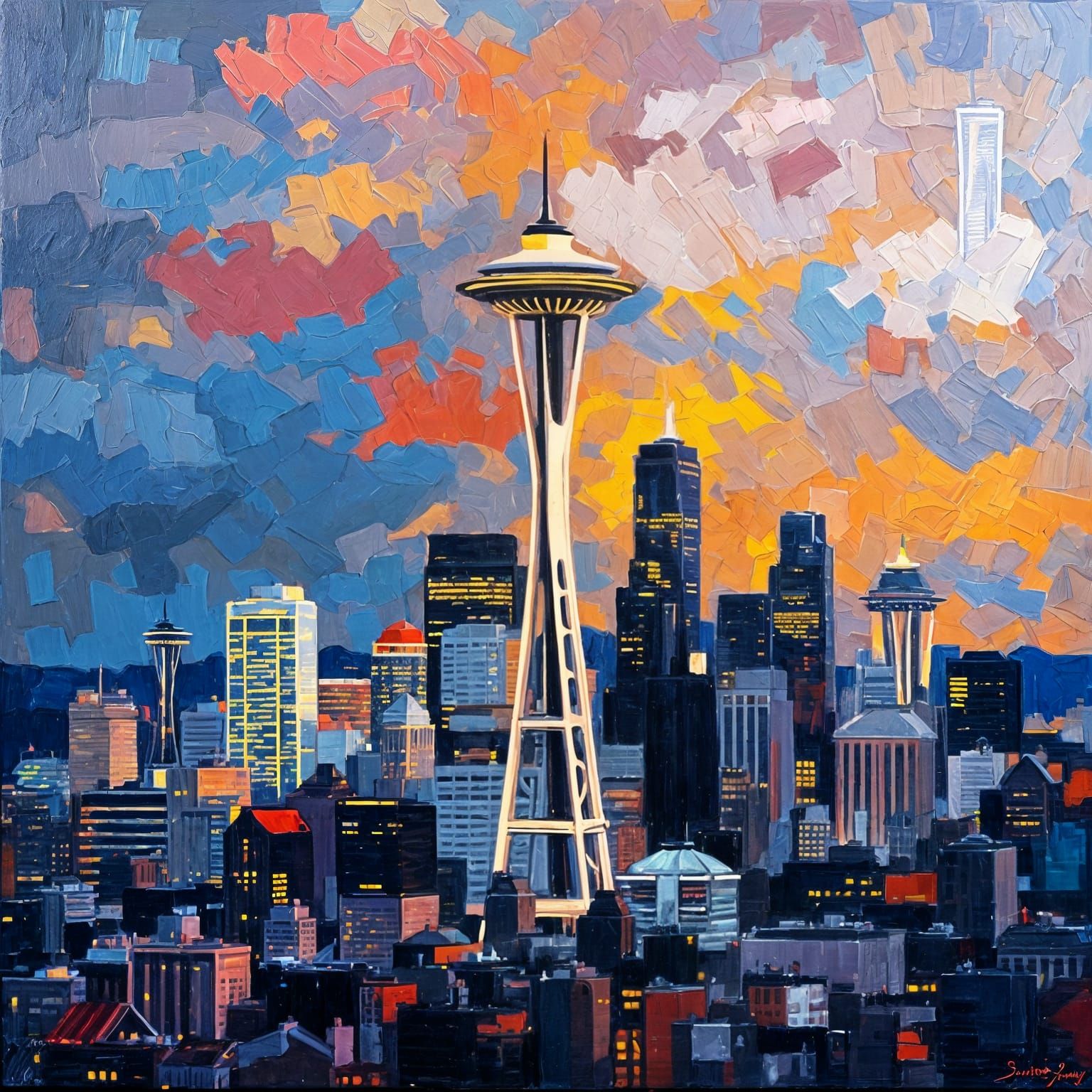 Seattle Skyline in Post-Modern Oil Painting