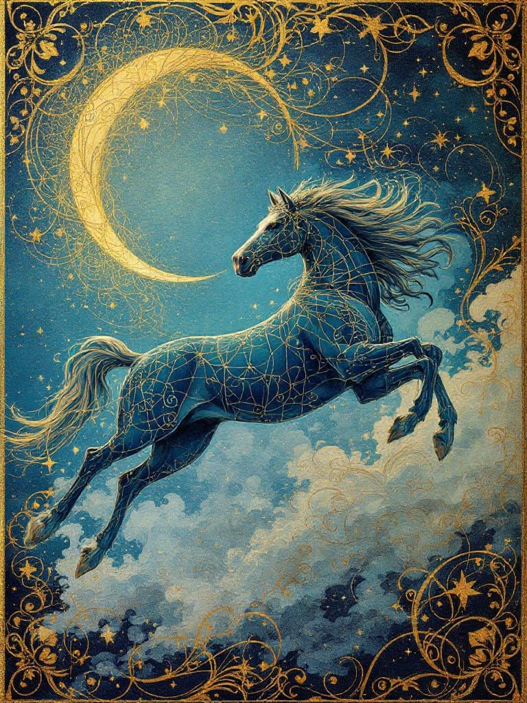 Golden Horse Leaping Through Starlit Clouds in Art Nouveau S...