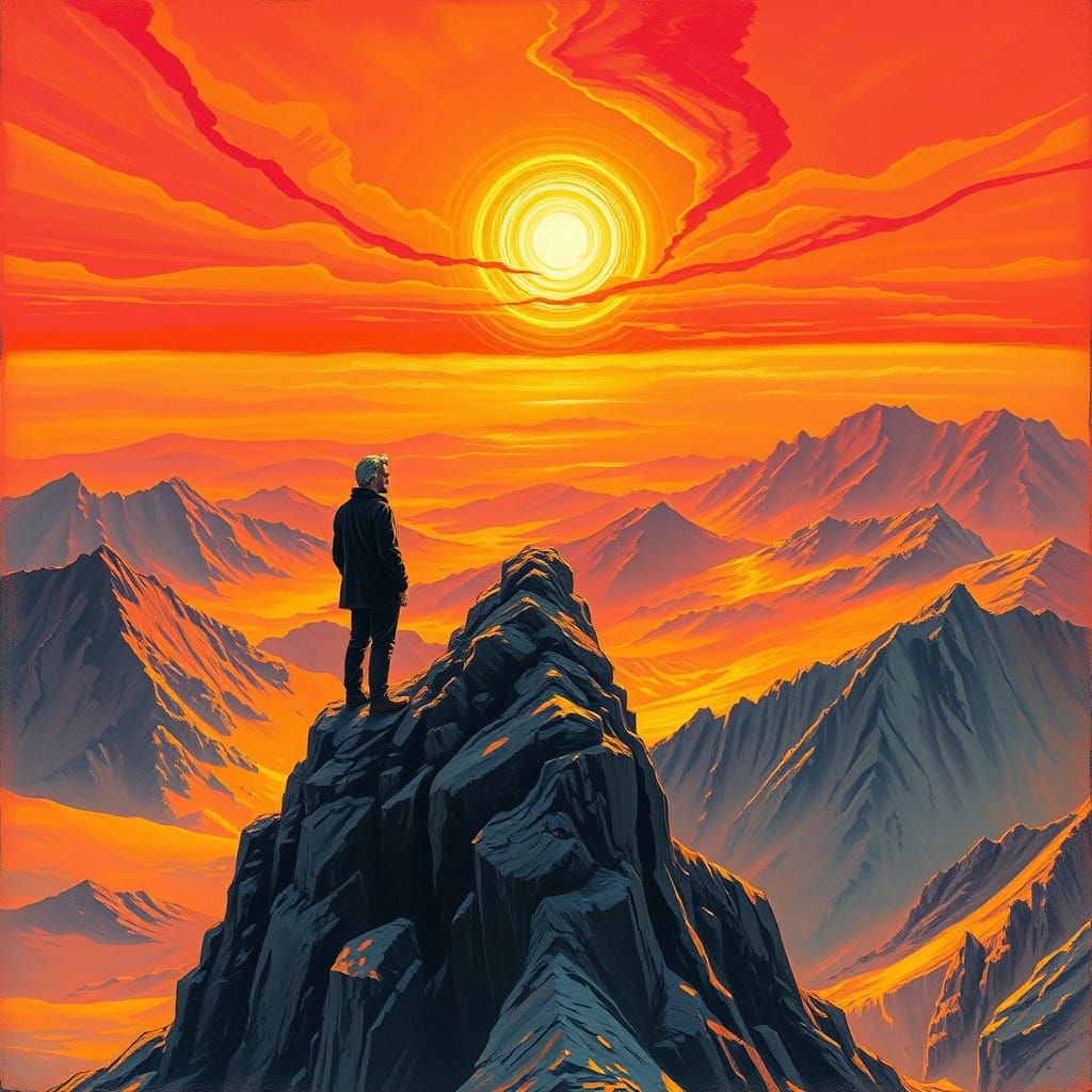 Philosopher Zarathustra Contemplates the Golden Landscape
