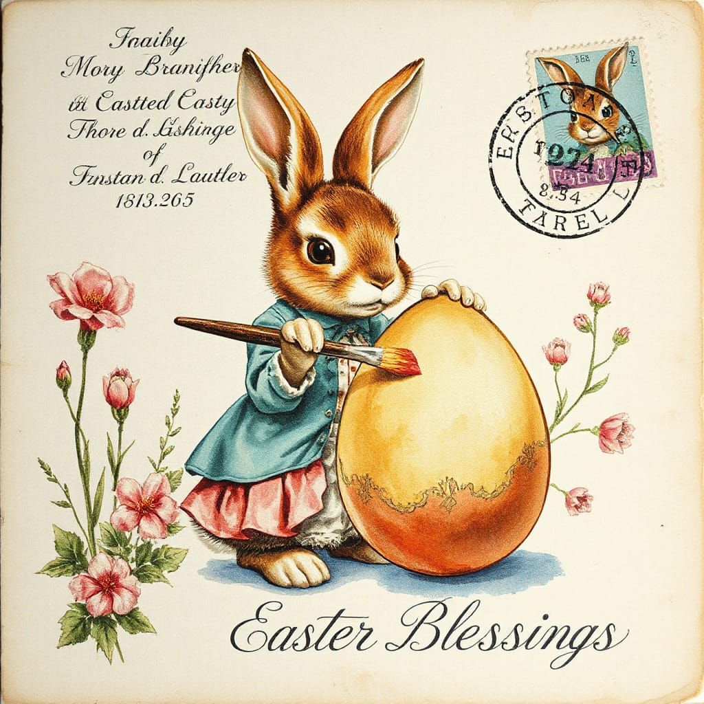 Vintage Easter Watercolor Painting of Bunny Decorating Egg
