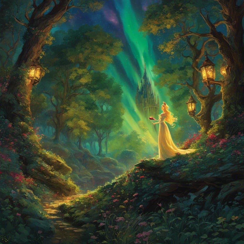 Aurora Singing in Forest: Line Art Fantasy