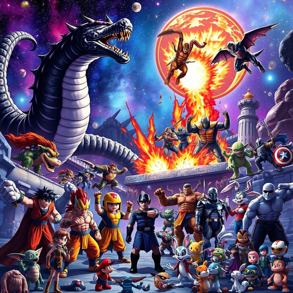 Epic Intergalactic Battle Scene in Vibrant, Neon Colors