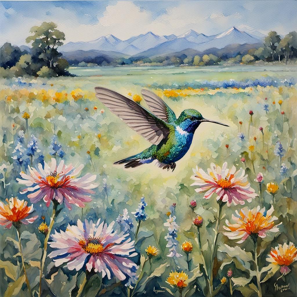 Hummingbird in Crystal Glass: Watercolour Oil Painting