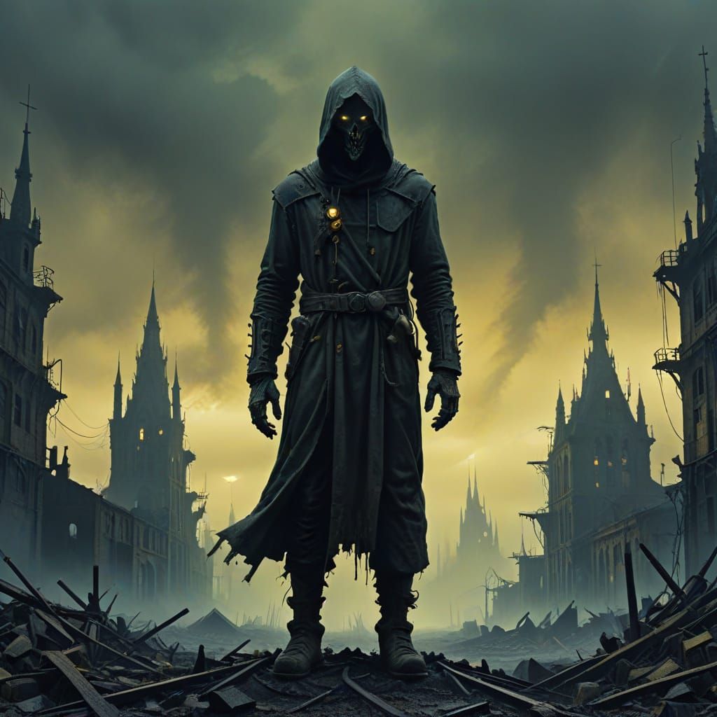Surreal Gothic Cityscape with Hooded Figure