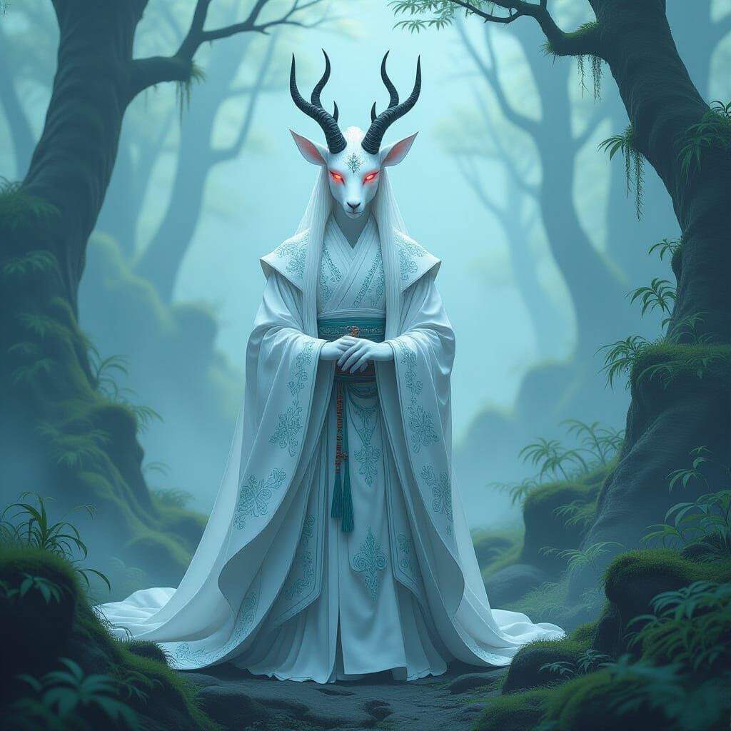 Majestic Kirin Amidst Misty Forest in Dreamlike Style