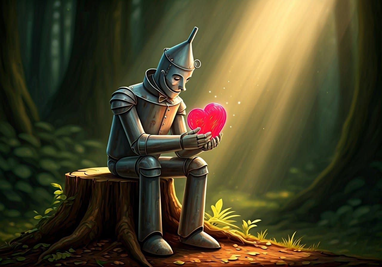 Tin Man Contemplates a Heart in Forest Light