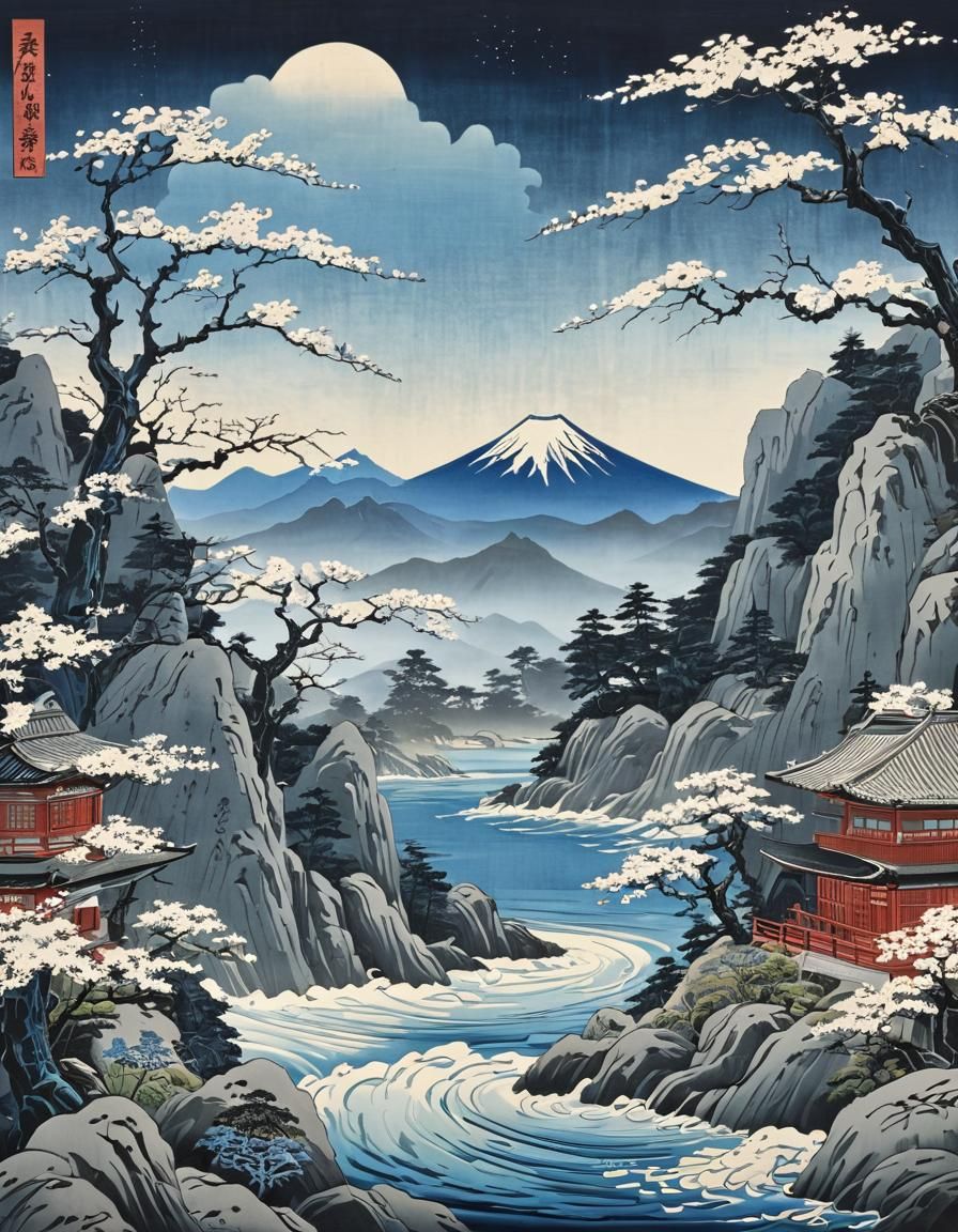 Moonlit Waterfall in Blue Monochromatic Ukiyo-e Style