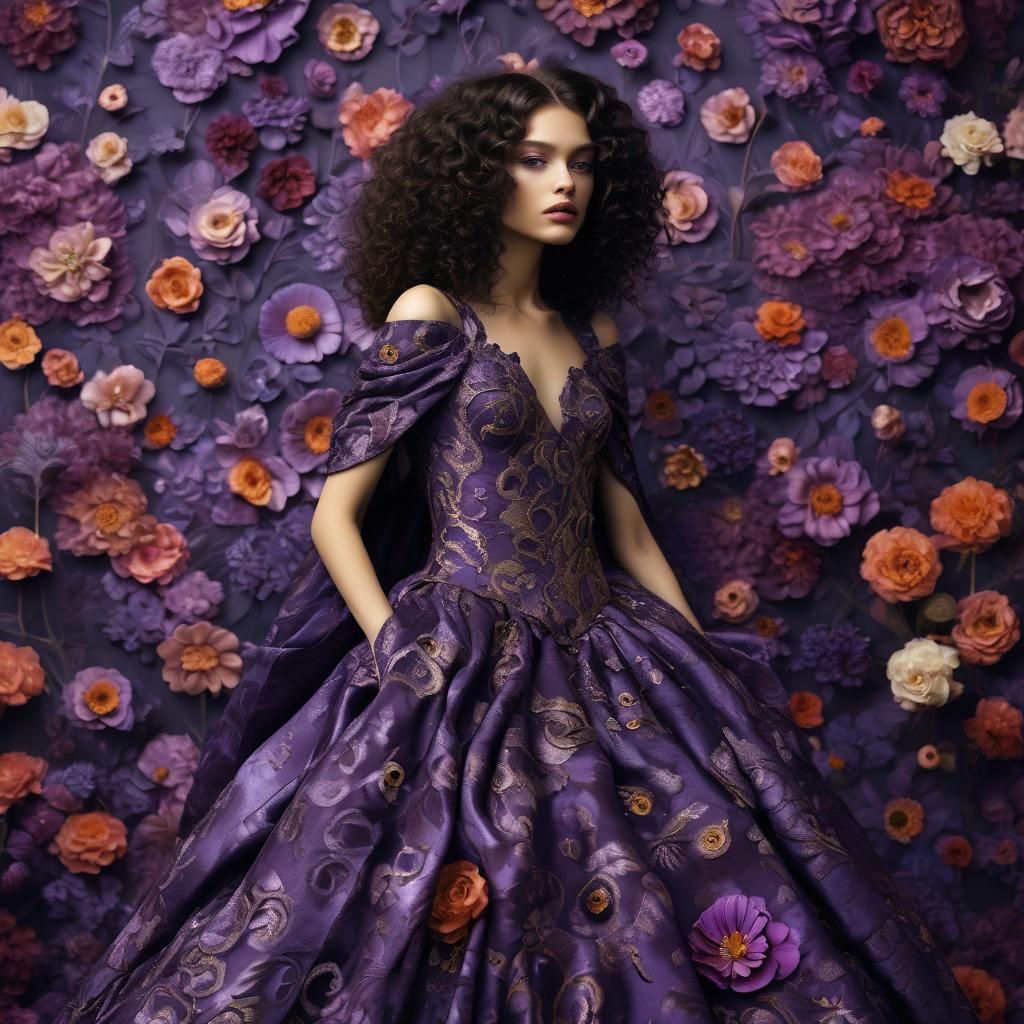 Purple Haute Couture Model in Baroque Fashion