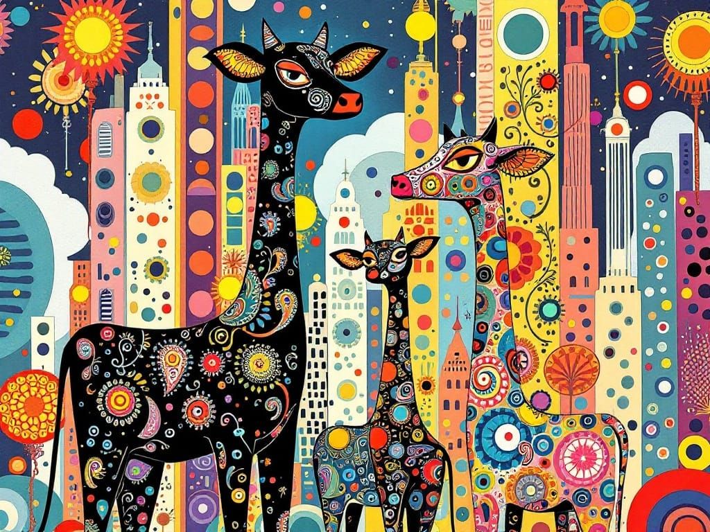Vibrant Cityscape with Whimsical Cows and Twisted Skyscraper...