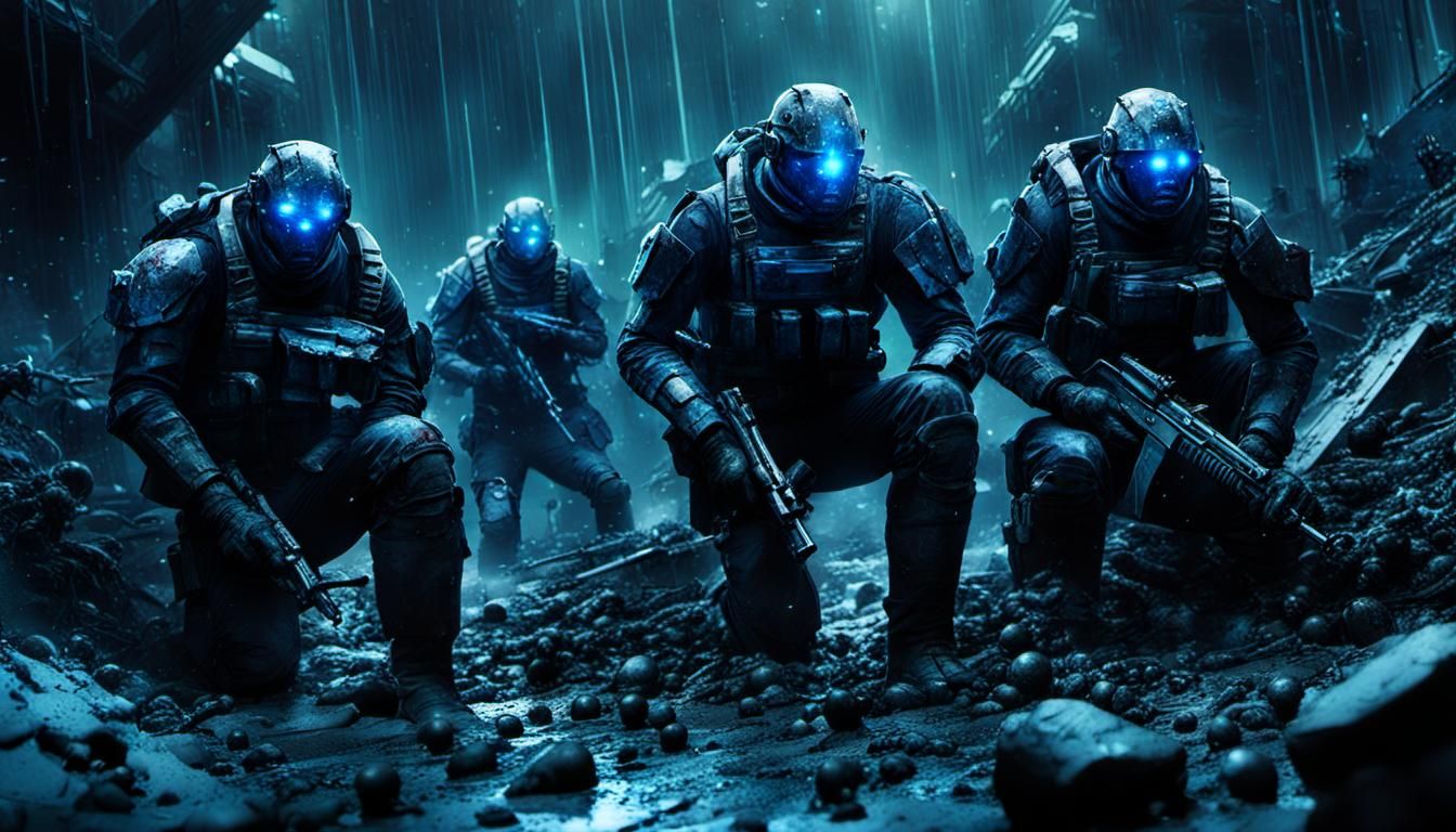 Gritty Android Soldiers in Bloody Trench Scene, Retrofuturis...