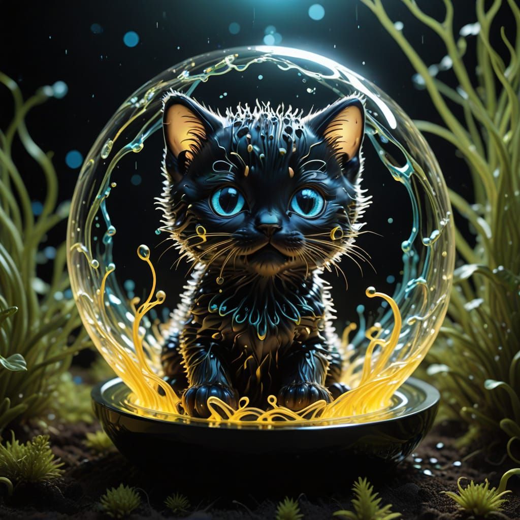 Ferrofluid Kitten in a 4D Tesseract Landscape