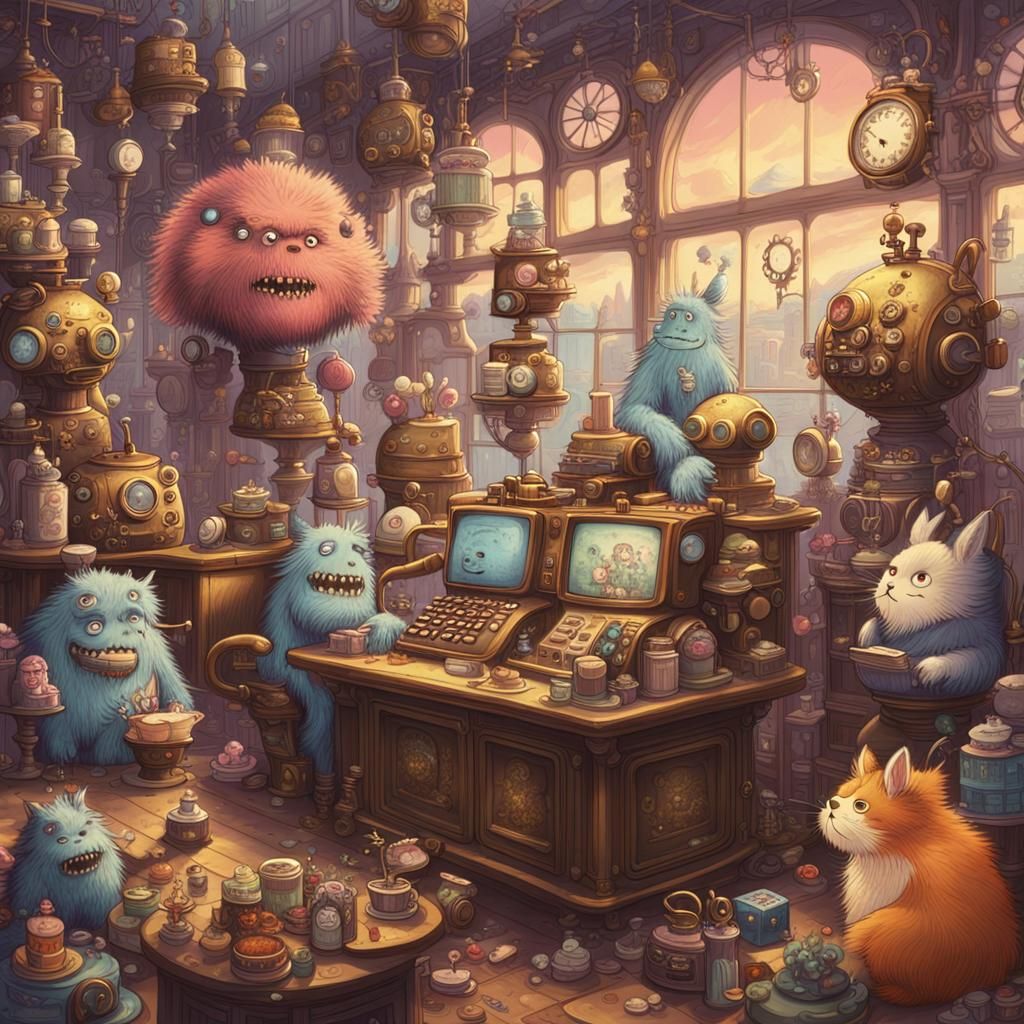 Steampunk Monster Call Center in Ghibli Style
