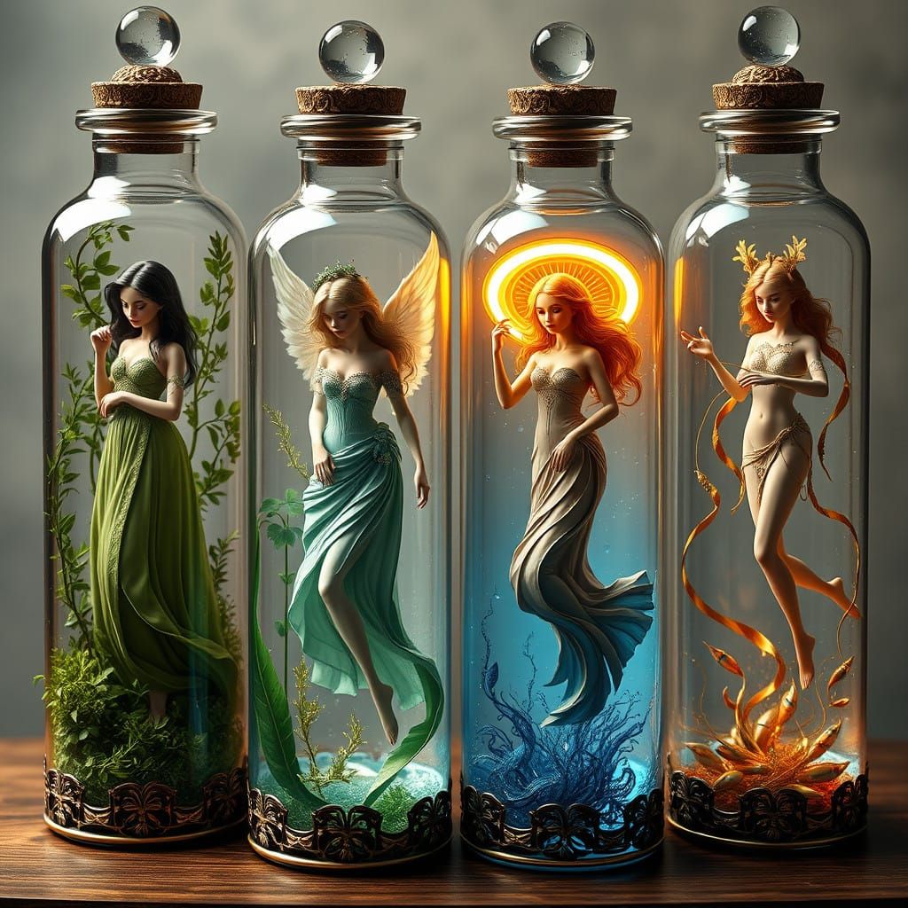 Elemental Maidens Trapped in Ornate Glass Bottles