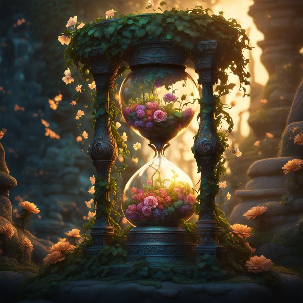 Glowing Hourglass Covered in Vines and Flowers