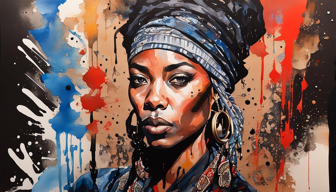 portrait, Tim Okamura, Andrea Matus deMeng, bohemian, dynamic, fiery, pop art, watercolor and ink, black waterdrop backg...
