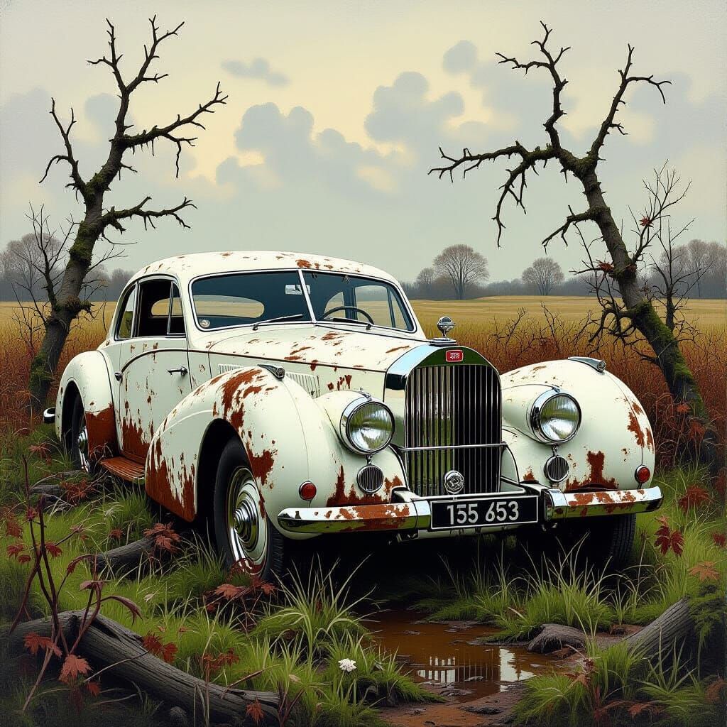 Moss-Covered Bugatti Atlantic in Desolate Field
