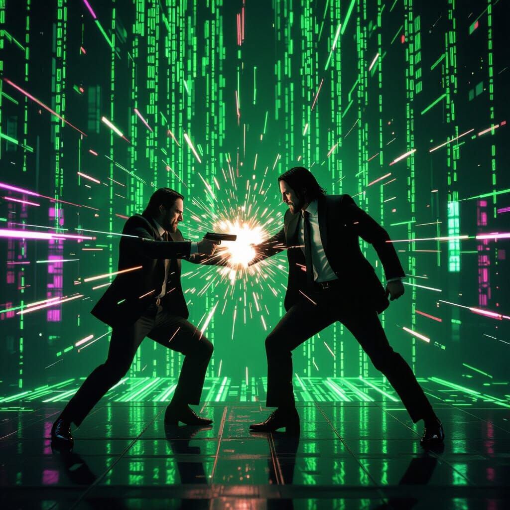 John Wick Fights Agents in Digital Matrix Landscape