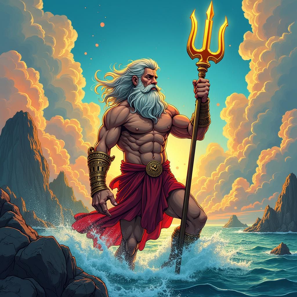 Poseidon with Gleaming Trident in Comic Art Style