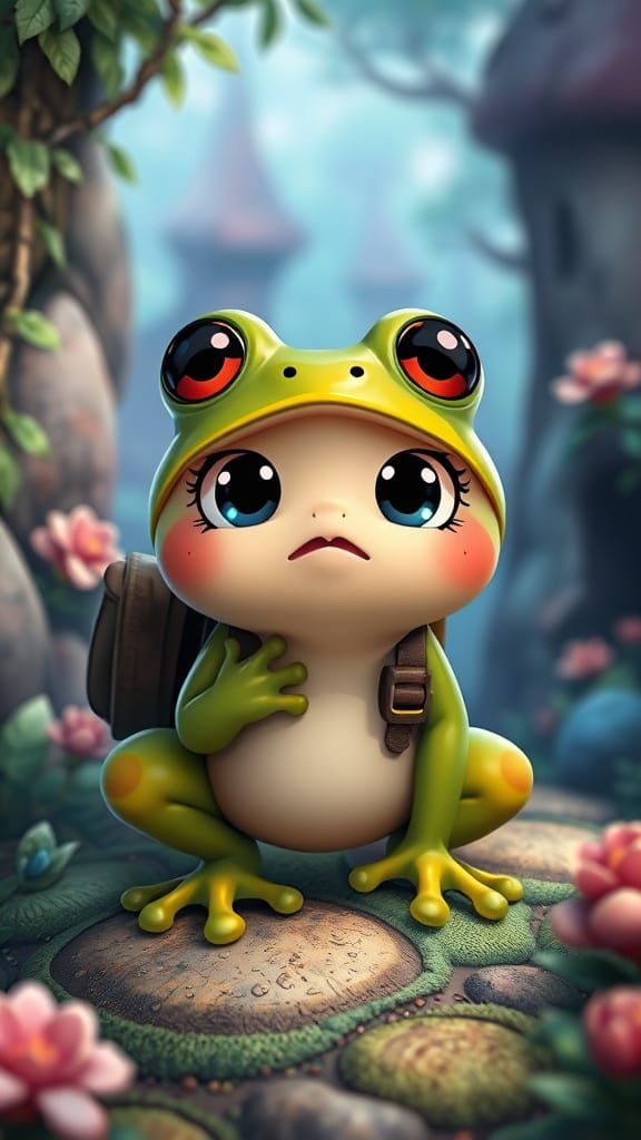 Surprised Chibi Frog in Whimsical Landscape