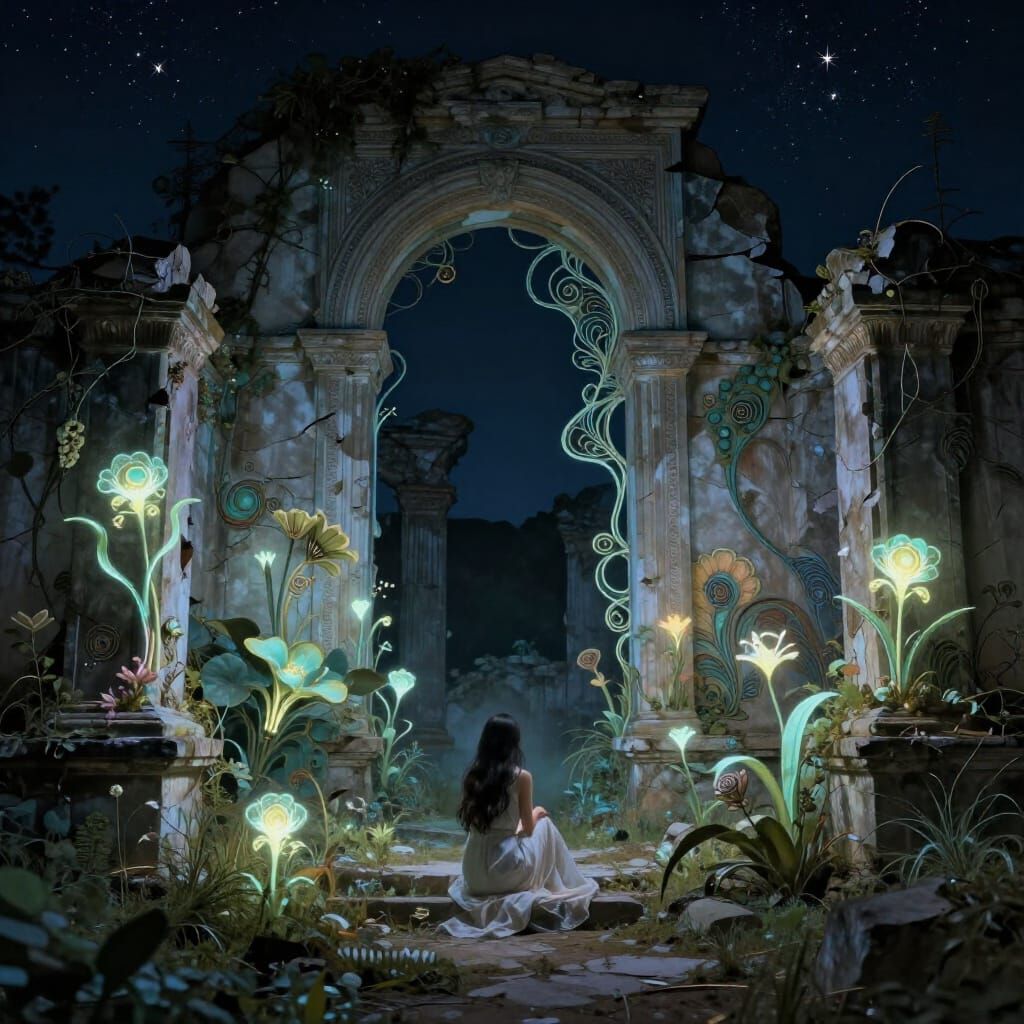 Woman in Starlit Ruins, Art Nouveau Surrealism