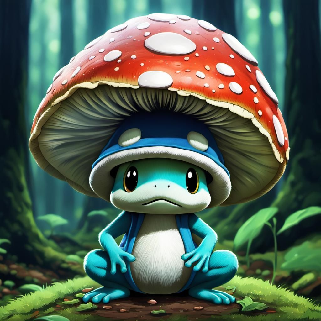 Frog in Mushroom Hat: Cel-Shaded Anime Style