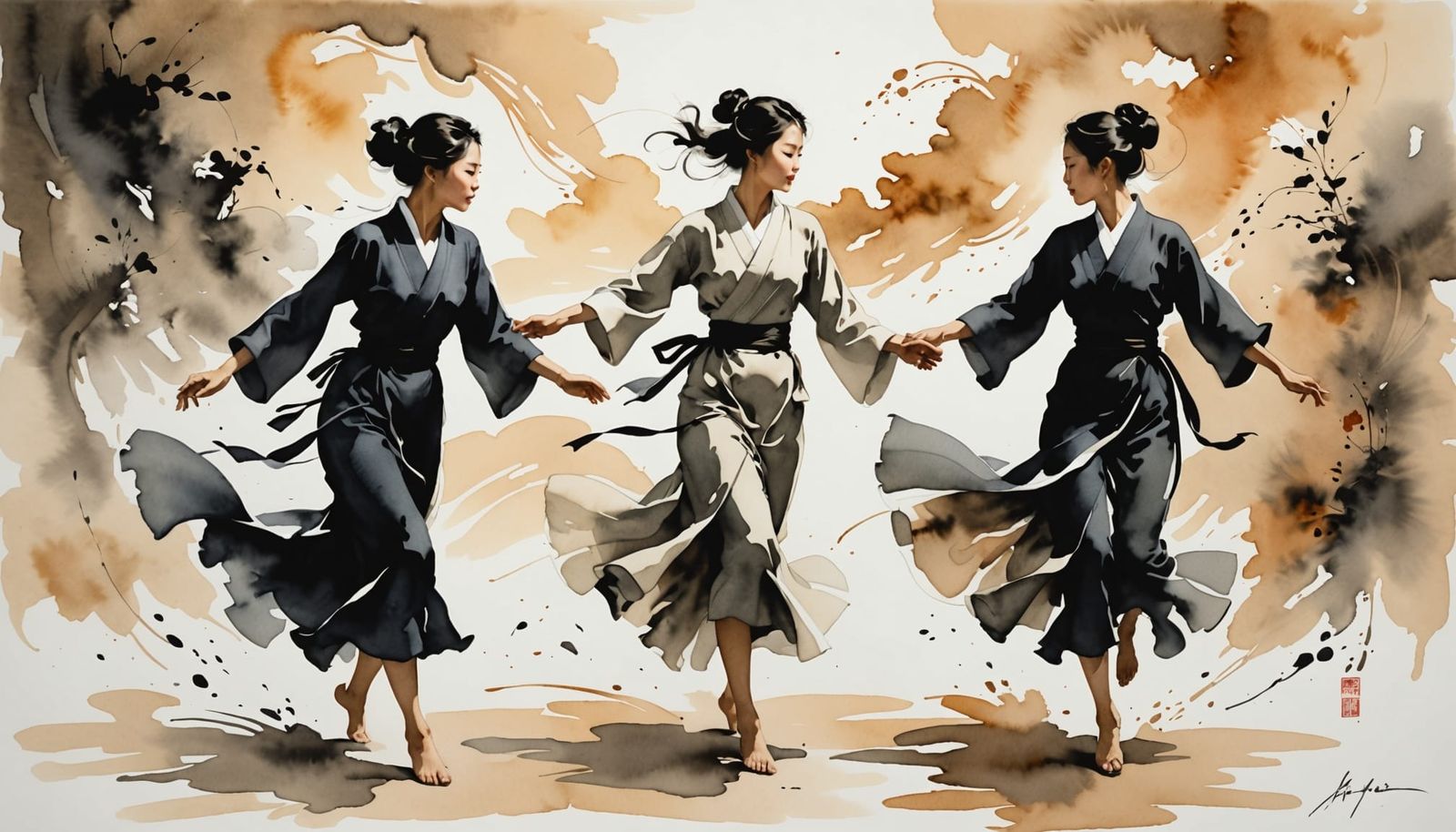 Elegant Figures in Motion: Ink and Watercolor Art