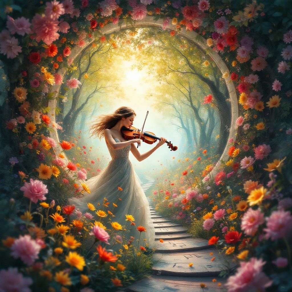 Breathtaking Violinist in a Whimsical Floral Portal