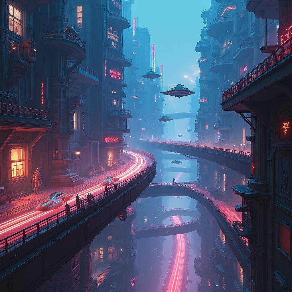 Retro-Futuristic Cityscape with Hovercars in Neon Style
