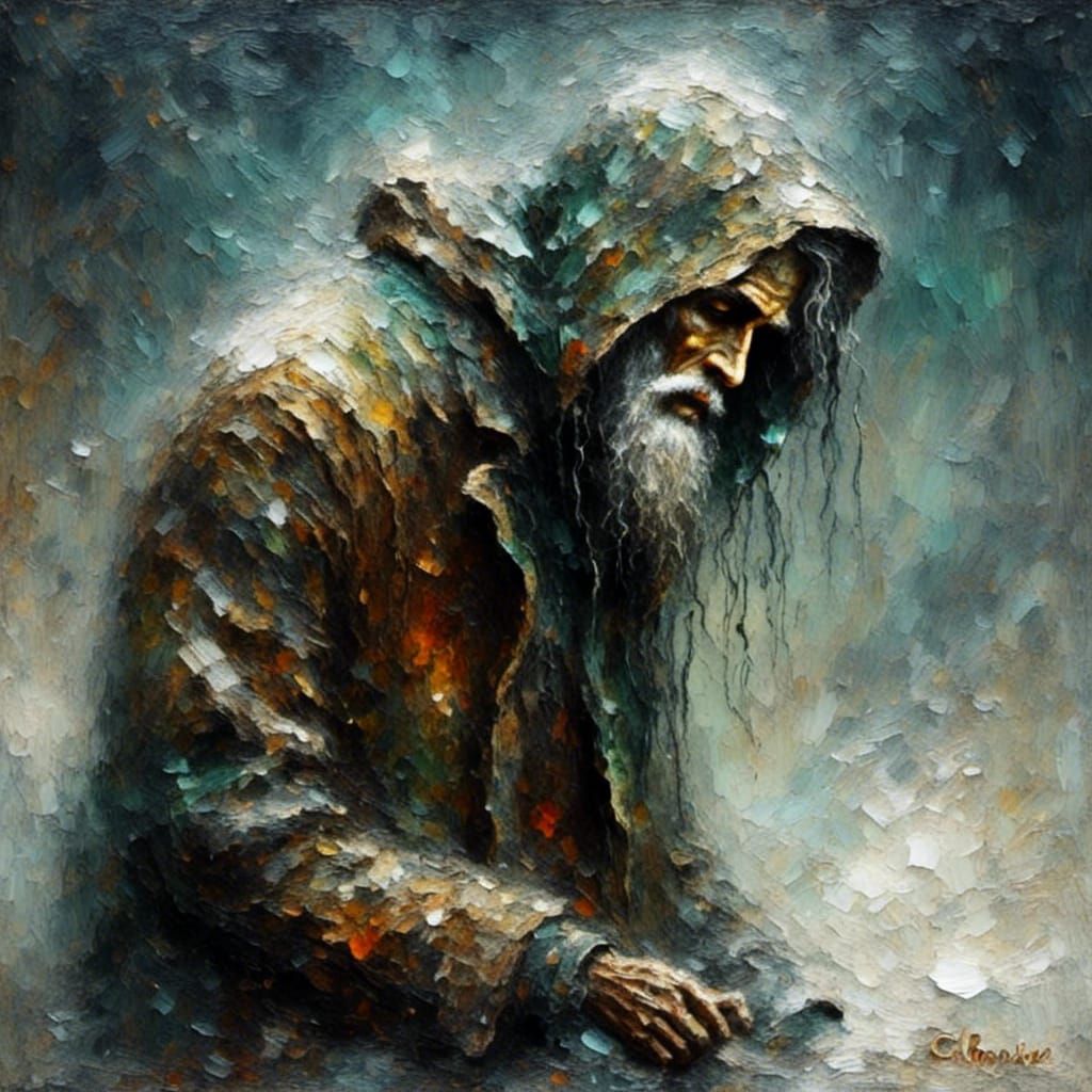 Man in Snowstorm: Impasto Style Winter Scene