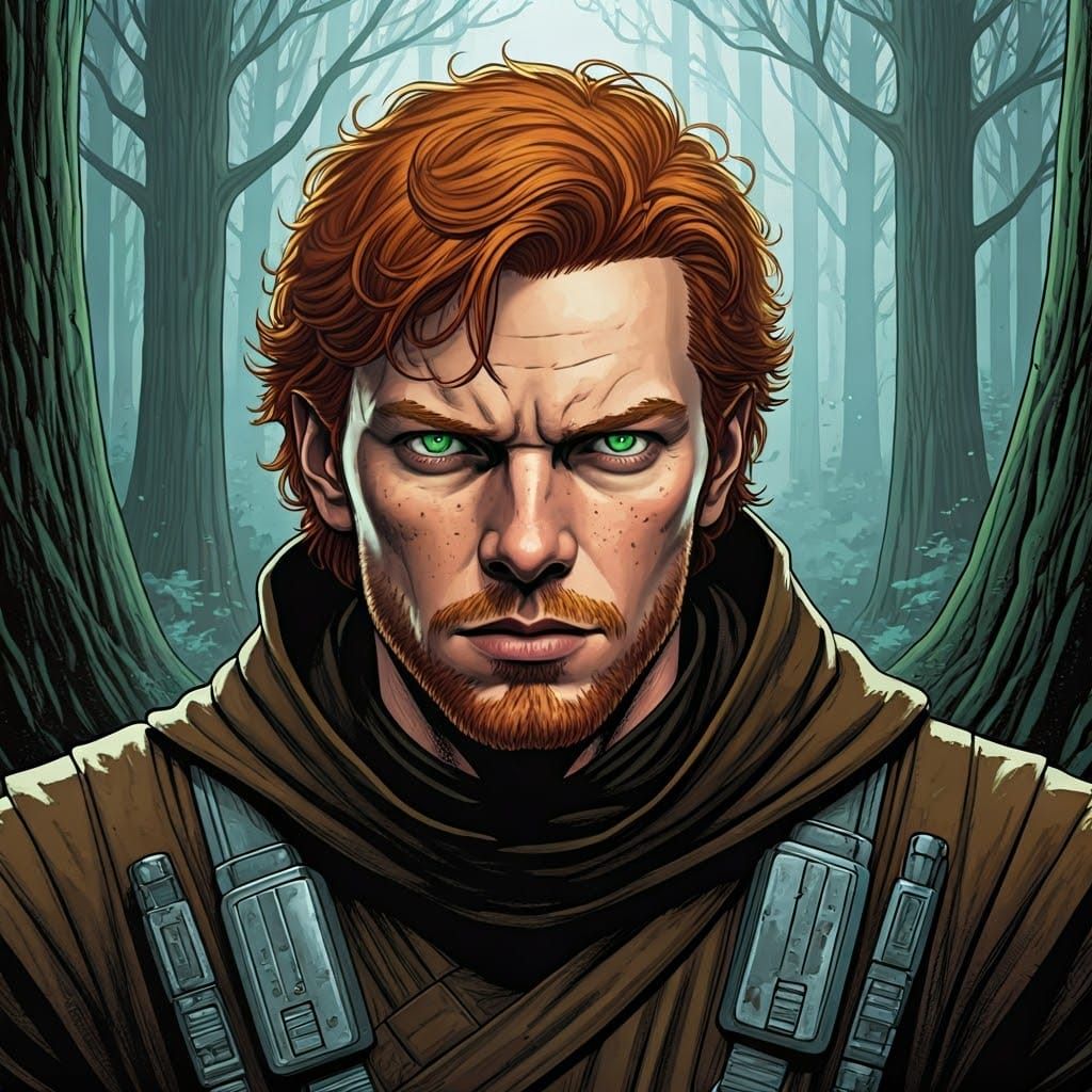 Redhead in Misty Forest, Comic Book Art Style