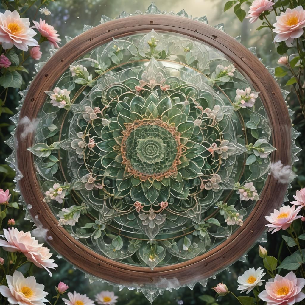 Ethereal Glass Mandala on Misty Table in Mystical Style