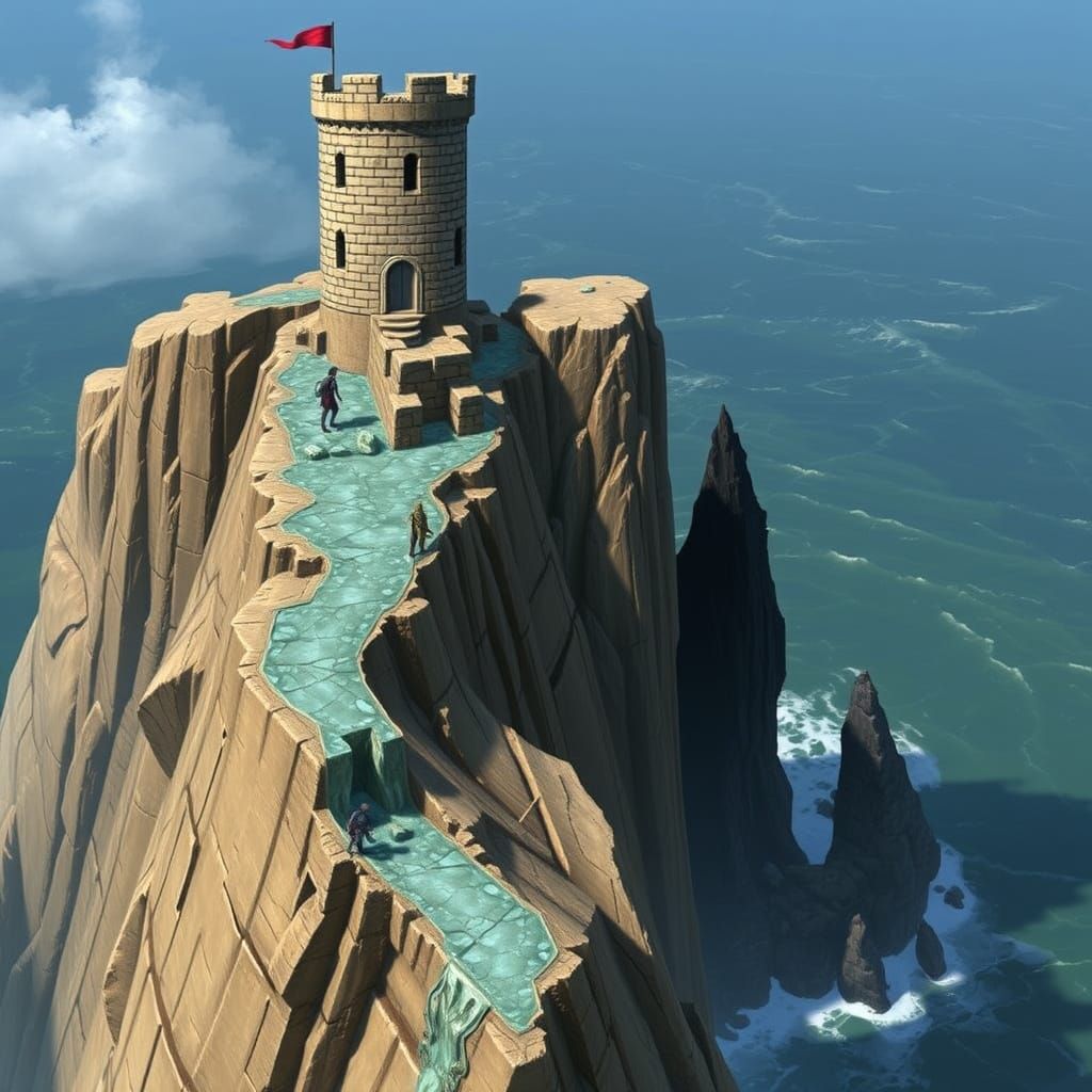 Stone Tower on Storm-Battered Cliffs in a Fantasy Landscape