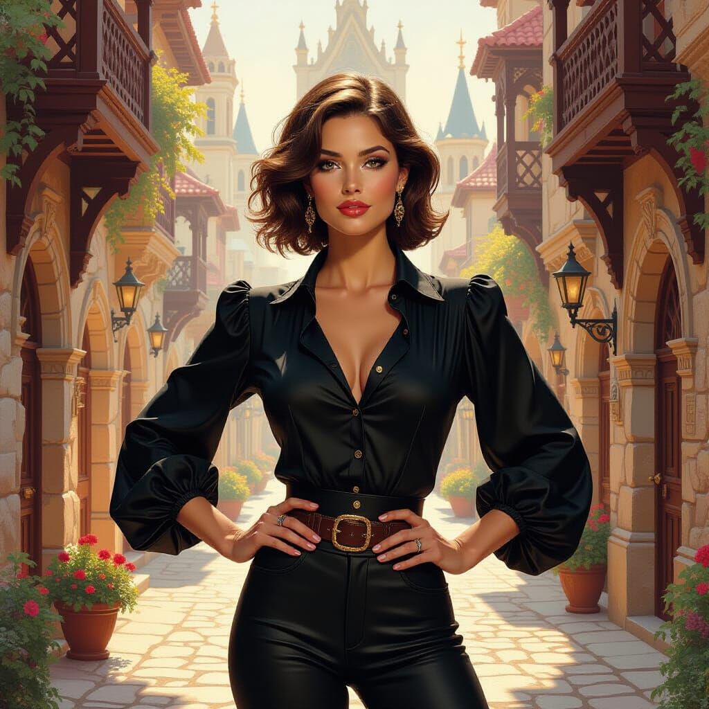 Confident Woman in Gothic Fantasy Street, Oil Painting