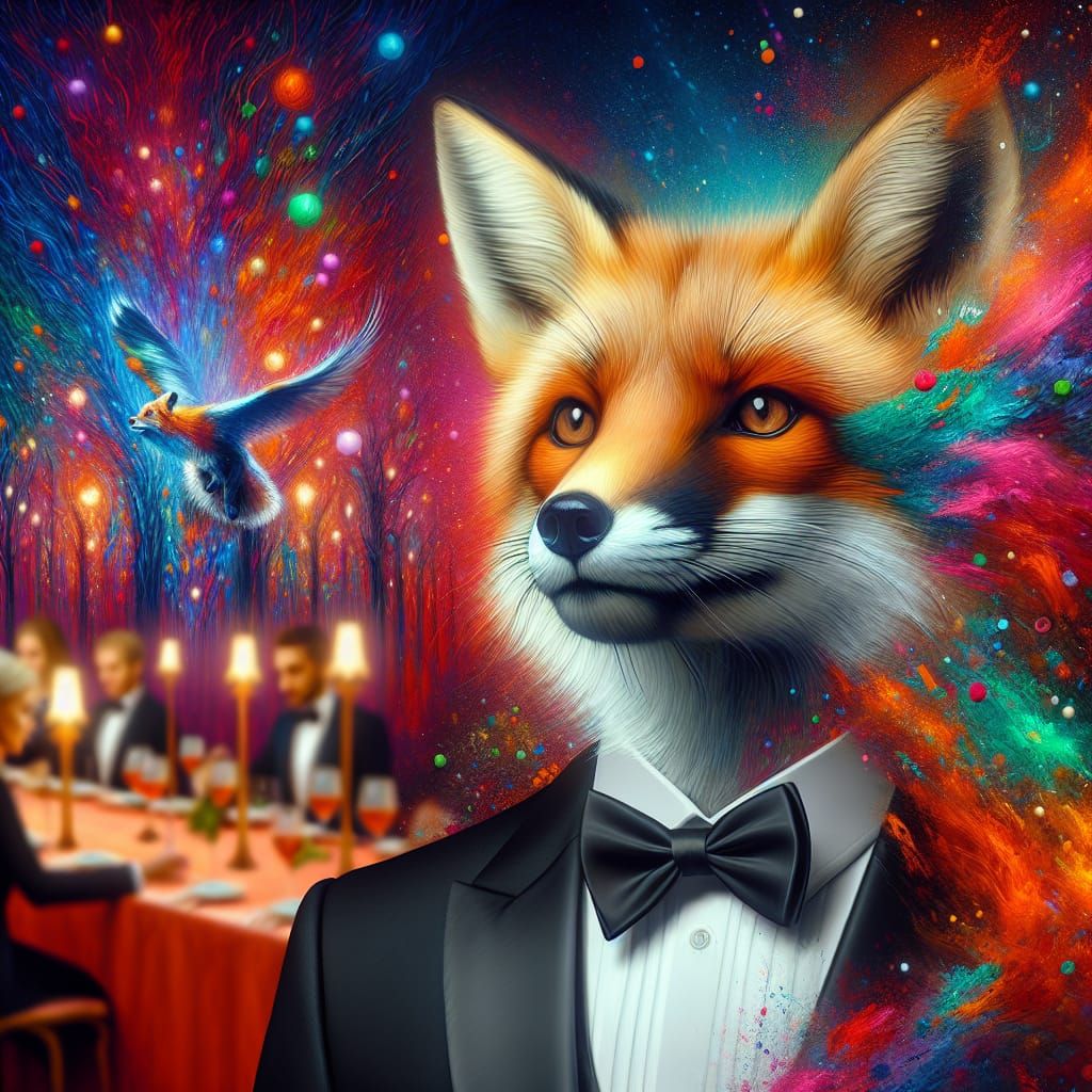 Stylish Fox in Tuxedo at Vibrant Dinner Party Concept Art