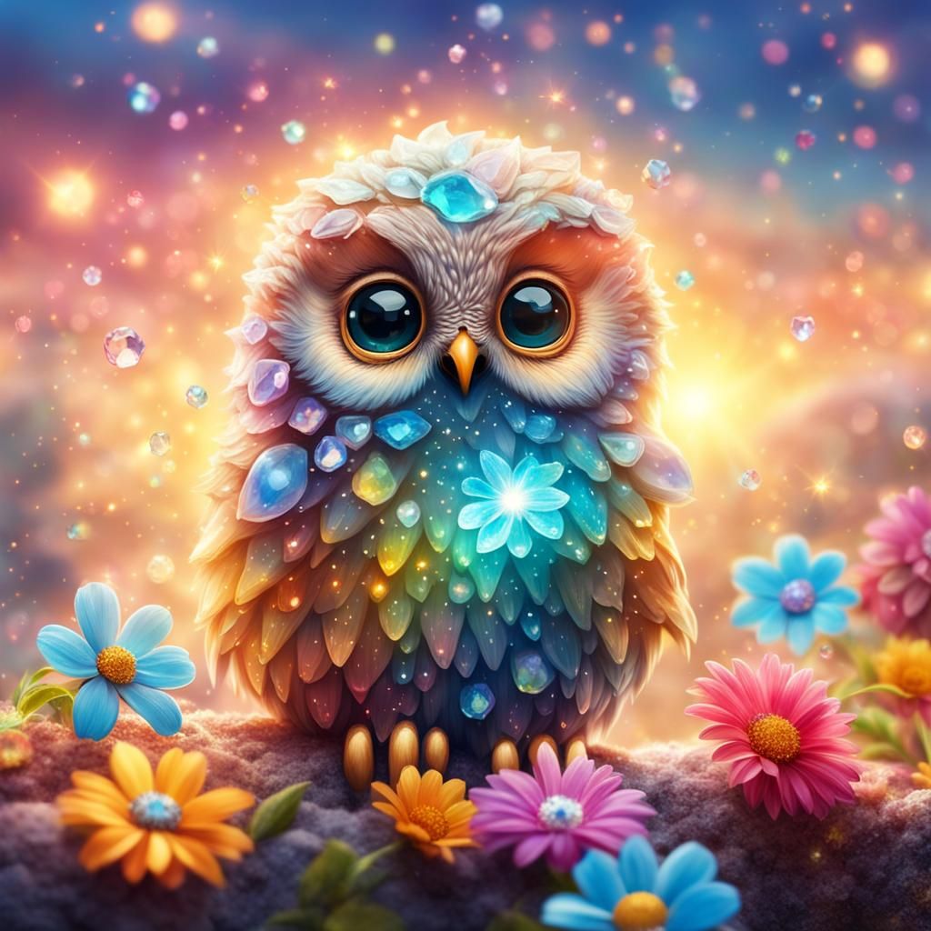 Mystical Kawaii Owl in Golden Hour