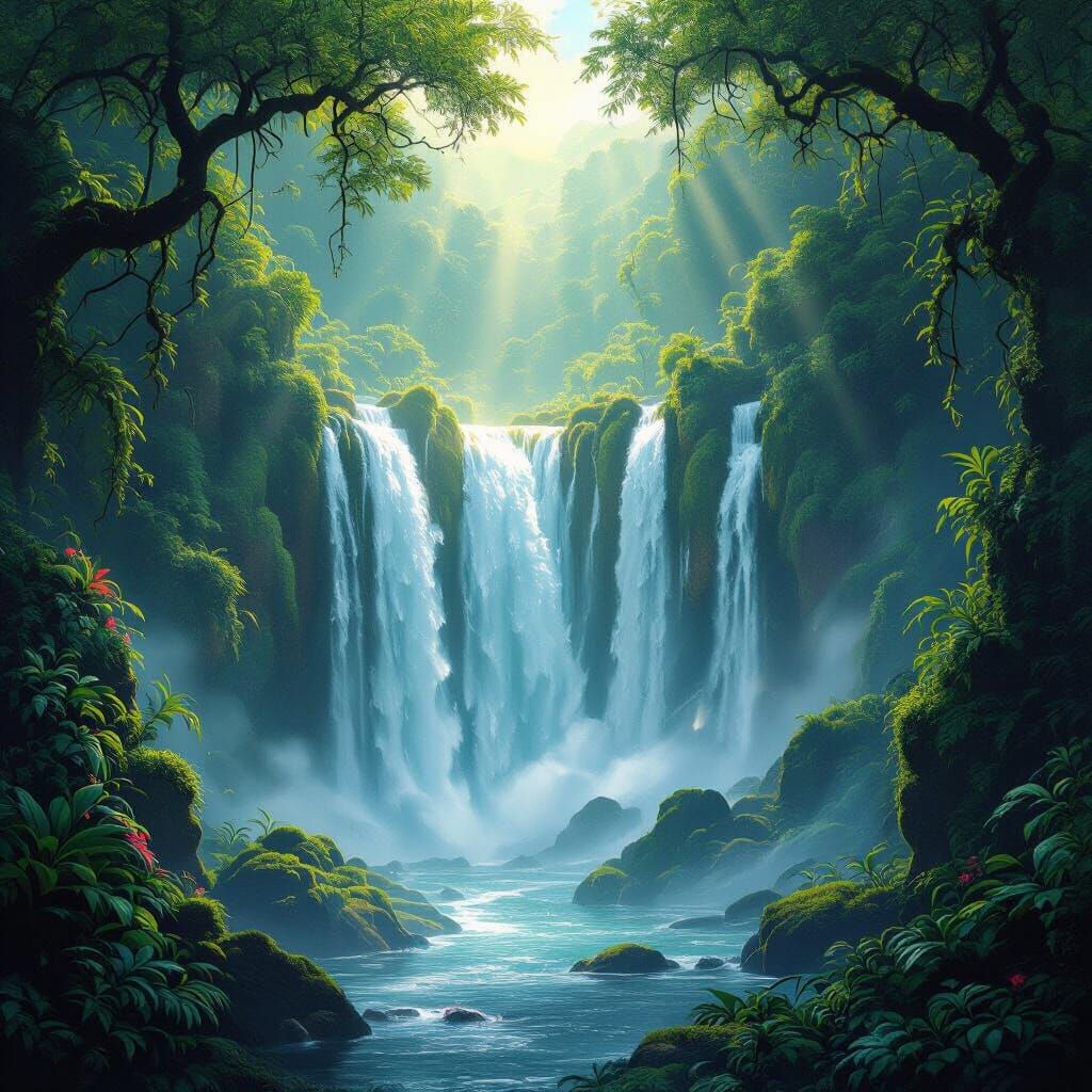 Majestic Waterfall in Mystical Tropical Rainforest