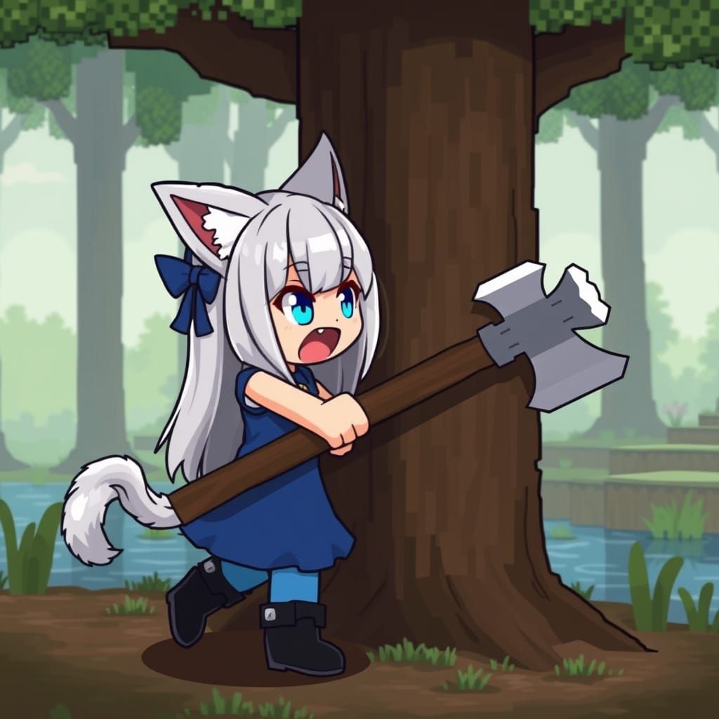 Cute Catgirl in Minecraft World Hits Oak Tree with Axe