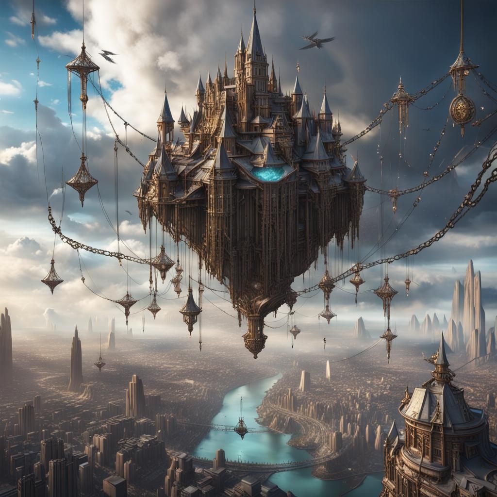 Fantasy Flying City with Crystal Stones