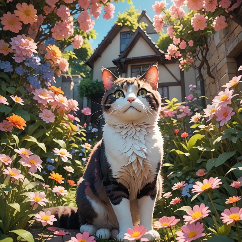 Anime Cat in Flower Garden: 3D Rendered Art