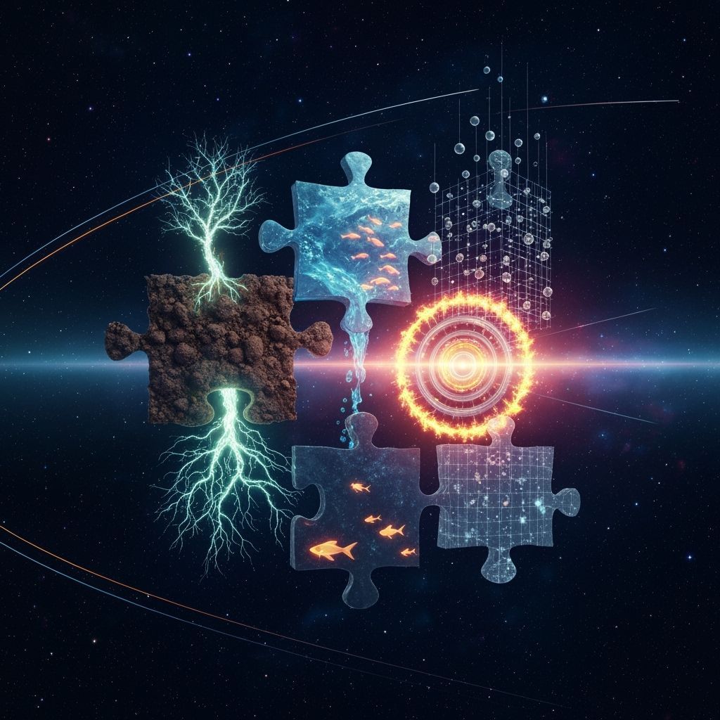 Elemental Cosmic Puzzle in Abstract Sci-Fi Style