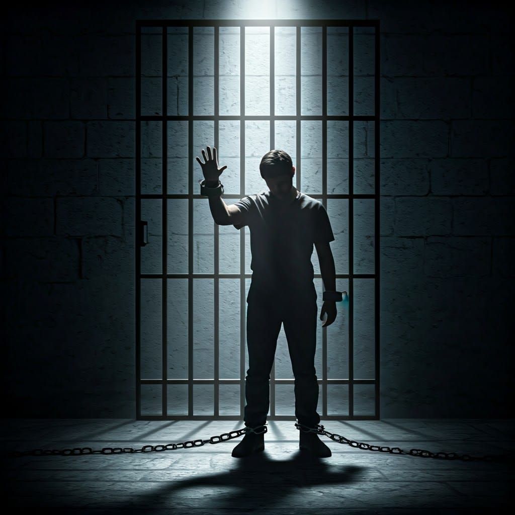 Figure in Despair Confronts Chains in Dark Cell