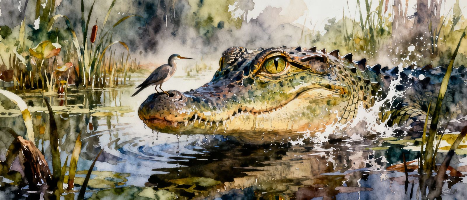 Watercolour Crocodile Head Emerging From Swamp With Bird
