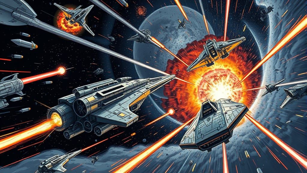 Cyberpunk Space Battle in Swirling Cosmic Vortex