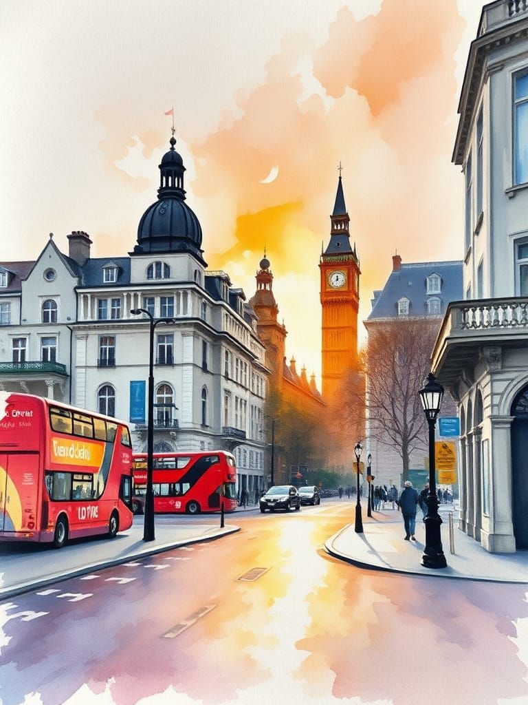 London Cityscape at Sunrise in Impressionistic Style